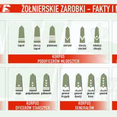 Grafika przedstawia stopnie wojskowe od szeregowego do Marszałka Polski z ich oznaczeniami.